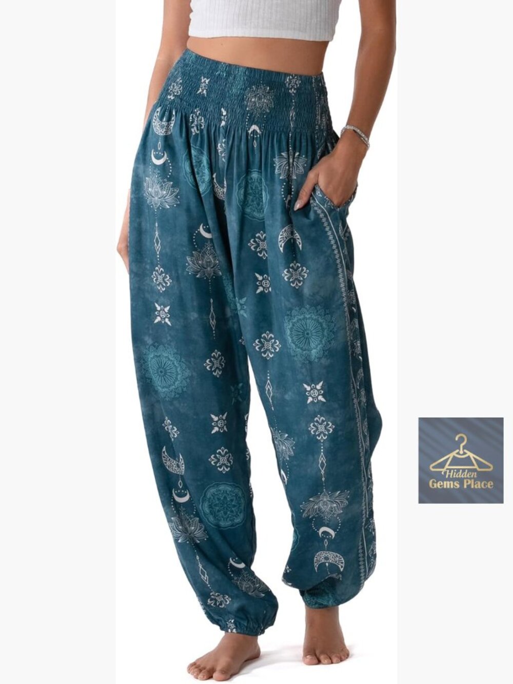 High Waisted Harem Pants Flowy Boho Yoga Pants Smocked Waist Cuffed